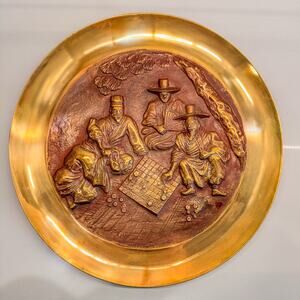 Vintage Oriental “Playing Board Games” Solid Bronze/Brass Decor Charger, 12.5”